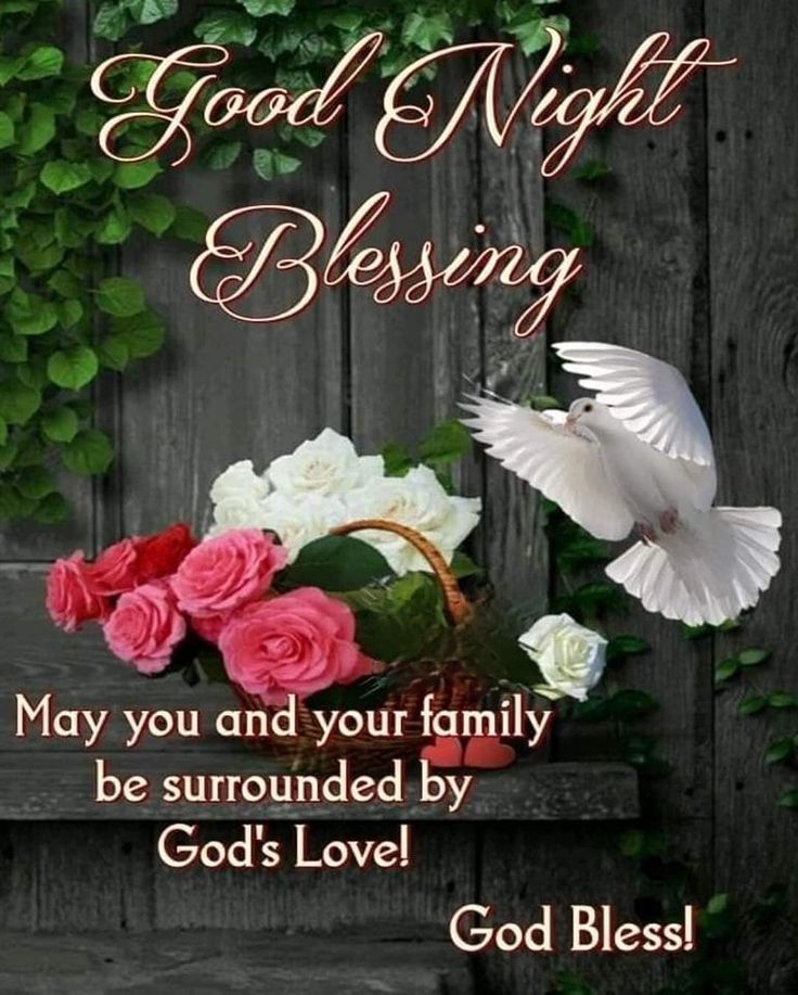 a greeting card with roses and doves on the side of a wooden fence that says, good night blessing may you and your family be surrounded by god's love