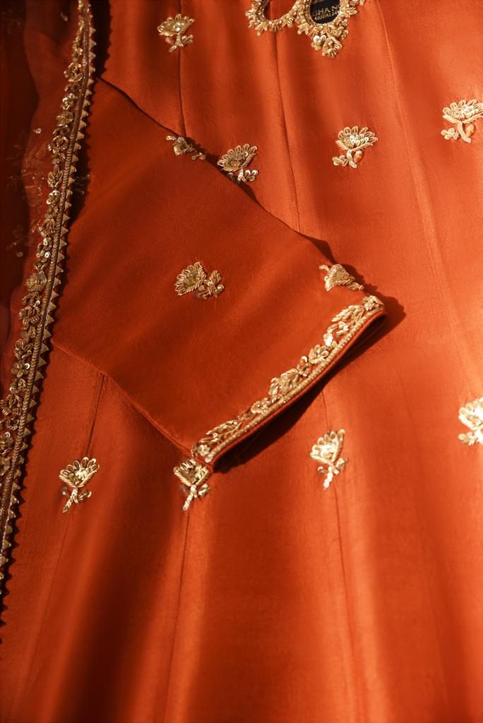 Luxury Orange Unstitched Suit With Resham Embroidery, Golden Colour Suit Design, Shade Embroidery Designs, Luxury Unstitched Orange Suit With Resham Embroidery, Anarkali Embroidery Designs, Suit Work Design, Orange Churidar Designs, Rust Anarkali, Zardozi Work Suits