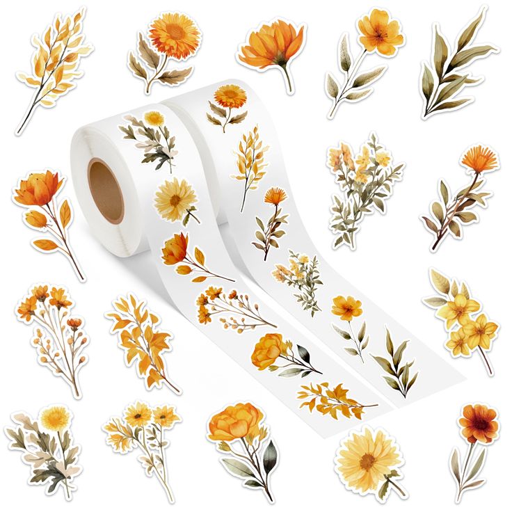 an assortment of flowers and leaves on a roll of sticker paper with white background