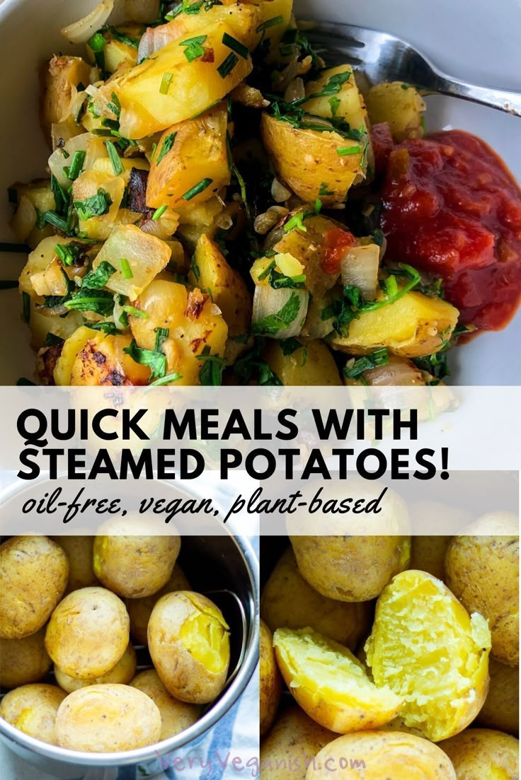 some potatoes are in a white bowl and there is a spoon next to them with the words, quick meals with steamed potatoes