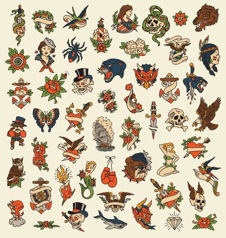 an old school tattoo flash sheet with various tattoos and symbols on white background stock photo