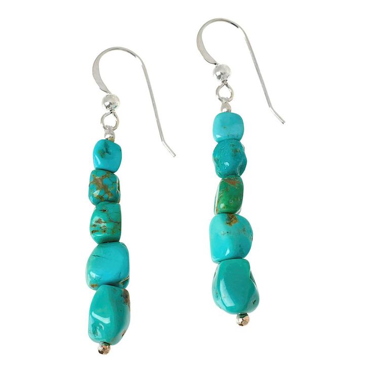 Jay King Sterling Silver Peruvian Turquoise Bead Drop Earrings  Beautiful blue-green nuggets of Peruvian turquoise help these dangling drop earrings add a fun pop of color to any outfit. From Jay King.       Approx. 2"L x 5/16"W     Stamped .925     Pierced with wire backs     Earrings have nugget-shaped turquoise beads strung together in linear drops   Stone Information       All sizes and weights approximate     Stabilized Blue-Green Turquoise - Nugget (5x5mm to 8x9mm); mined in Peru Southwestern Green Dangle Earrings, Turquoise Dangle Jewelry With Natural Stones, Turquoise Long Drop Earrings With Ear Wire, Turquoise Beaded Dangle Jewelry, Turquoise Dangle Earrings With Natural Stones, Turquoise Adjustable Drop Earrings, Turquoise Dangle Jewelry, Turquoise Jewelry With Dangling Round Beads, Adjustable Turquoise Dangle Jewelry