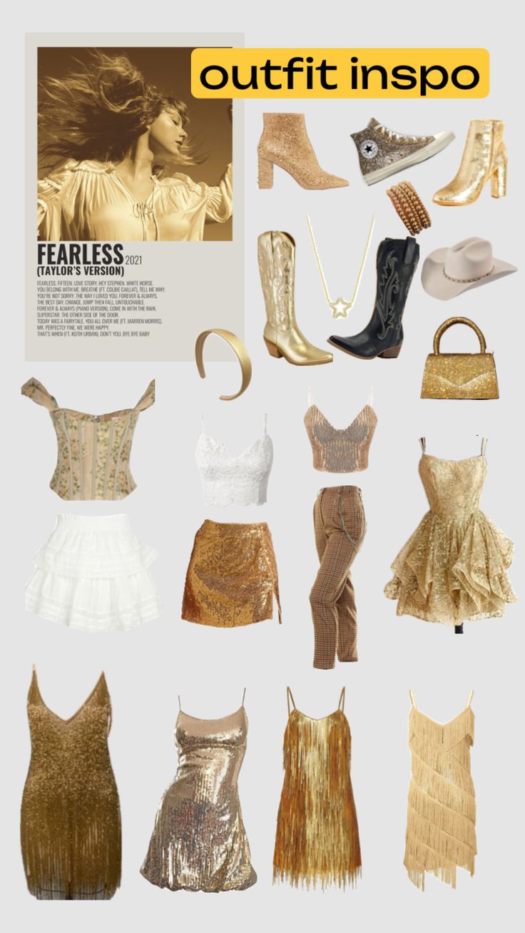 an image of different types of clothes and shoes in gold, white and silver colors