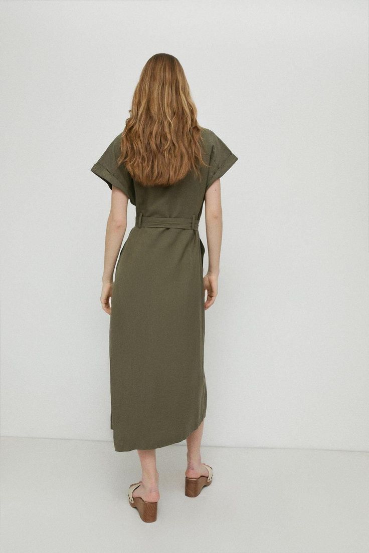 Dresses | Linen Mix Utility Pocket Midi Shirt Dress | Warehouse Chic Cotton Maxi Shirt Dress, Green Cotton V-neck Shirt Dress, Casual Belted Dresses For Dress Down Occasions, Chic Green Relaxed Fit Dress, Fitted Cotton Maxi Shirt Dress, Fitted Maxi Length Cotton Shirt Dress, Relaxed Fit Casual Maxi Dress For Work, Casual Relaxed Fit Maxi Dress For Work, Collared Cotton Belted Dress