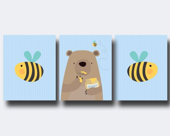 three pictures of bears, bees and honey on blue wall art prints for children's room