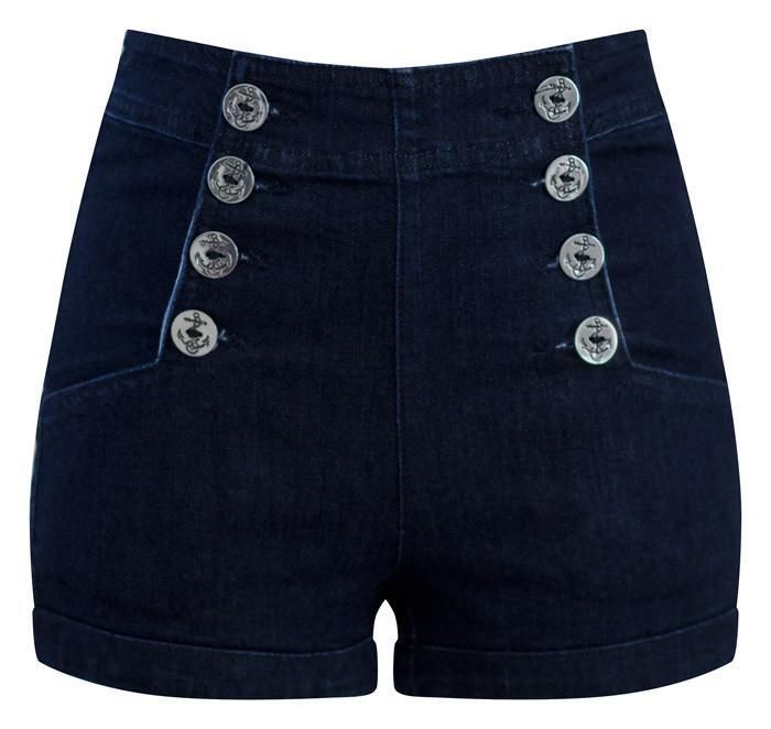 High Waist Sailor Girl Dark Denim Shorts with Anchor Buttons ***PRE-OR | Double Trouble Apparel Dark Denim Shorts, Sailor Shorts, Girls Denim Shorts, Trendy Swimwear, Psychobilly, Zooey Deschanel, Cute Jeans, Double Trouble, Girls Denim