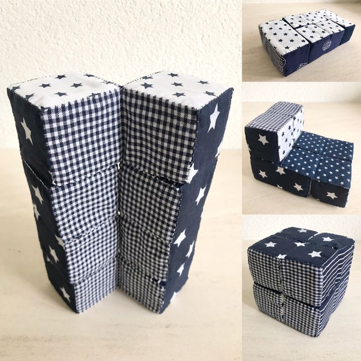 four different images of boxes made out of fabric with stars and polka dots on them