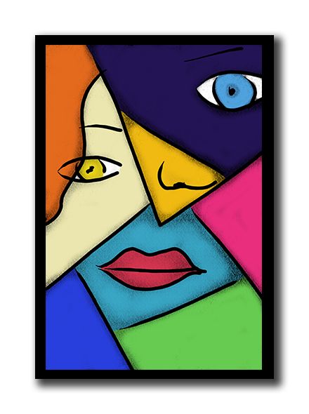 an abstract painting with blue eyes and colorful shapes