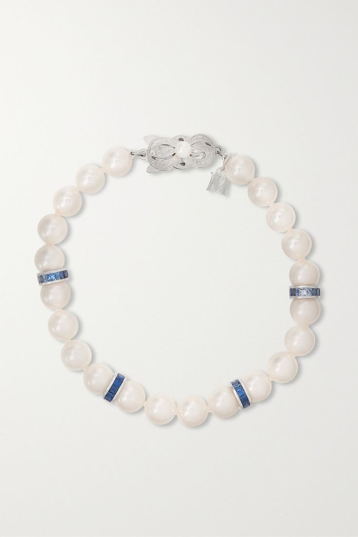 MIKIMOTO created the world's first cultured pearls in 1893 and has used them in its collections ever since. This bracelet is made from 18-karat white gold and strung with blue sapphire rondelles and Akoya cultured pearls - known for their lustre and perfectly round shape. Wear yours solo or as part of a stack. Luxury Pearl Chain Bracelet For Formal Occasions, Luxury Pearl Bracelet With Charm, Luxury Akoya Pearl Bracelet For Formal Occasions, Luxury Single Strand Pearl Bracelet With Round Beads, Luxury Single Strand Pearl Bracelet, Luxury Silver Pearl Bracelet With Oyster Detail, Luxury Pearl Jubilee Bracelet For Formal Occasions, Elegant Pearl Beaded Bracelets With Gemstones, Luxury Akoya Pearl Bracelet With Round Beads