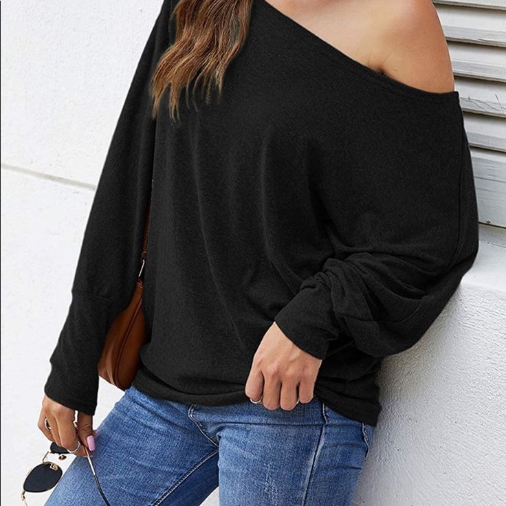 Brand New Women's Off The Shoulder Top Long/Short Sleeve Casual Oversized Shirts Loose Tunic Tops Oversized Black Top, Black Batwing Sleeve Tops For Spring, Versatile Oversized Black Tops, Black Oversized Top For Day Out, Oversized Black Top For Day Out, Black Top For Day Out, Trendy Black Top With Batwing Sleeves, Versatile Black Batwing Sleeve Tops, Loose Tunic