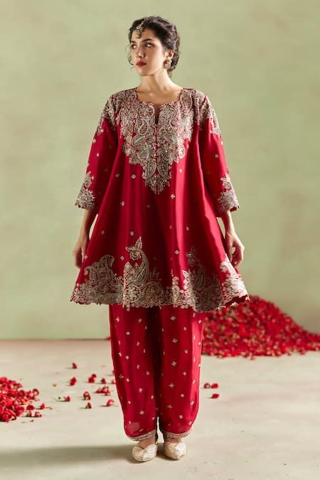 Buy Mrunalini Rao Kalpa Silk Zardozi Embroidered Anarkali Set Online | Aza Fashions Short Kurta With Salwar, Bollywood Red Lawn Suit For Wedding, Red Semi-stitched Anarkali Lawn Suit, Festive Red Lawn Suit With Zari Work, Traditional Red Jamawar Dress, Unstitched Red Anarkali Lawn Suit, Red Unstitched Anarkali Lawn Suit, Red Anarkali Lawn Suit Unstitched, Red Anarkali Lawn Suit In Jamawar