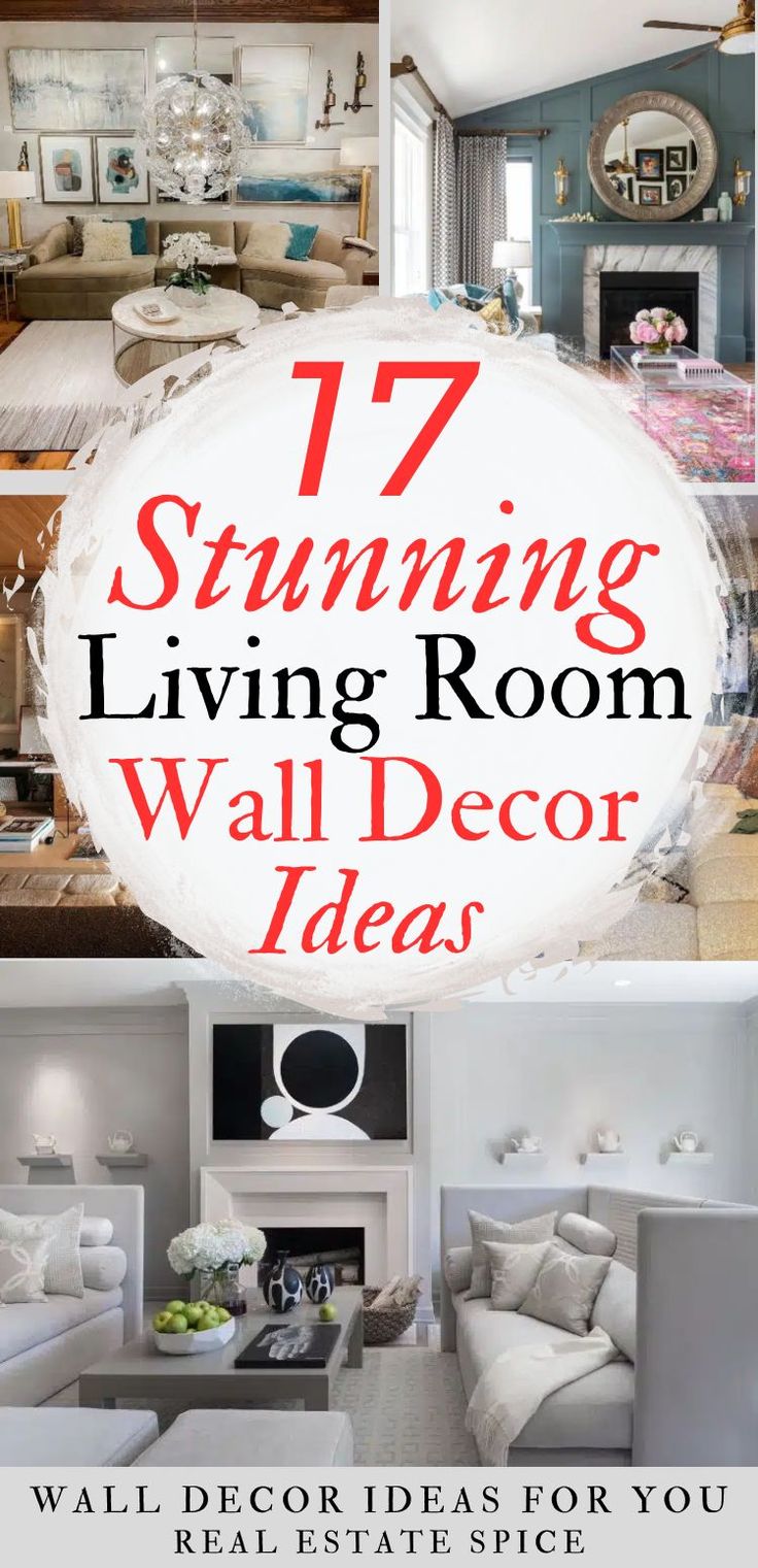 a living room with white furniture and blue walls, the words 17 stunning living room wall decor