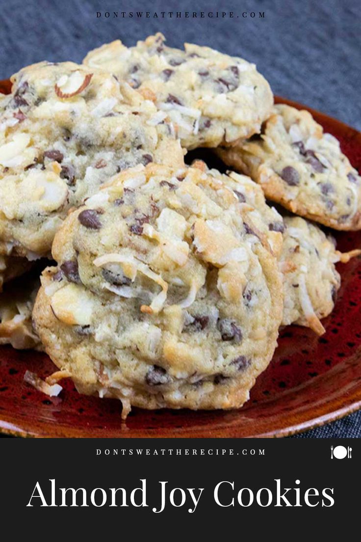 chocolate chip cookies on a plate with the words almond joy cookies overlaying it