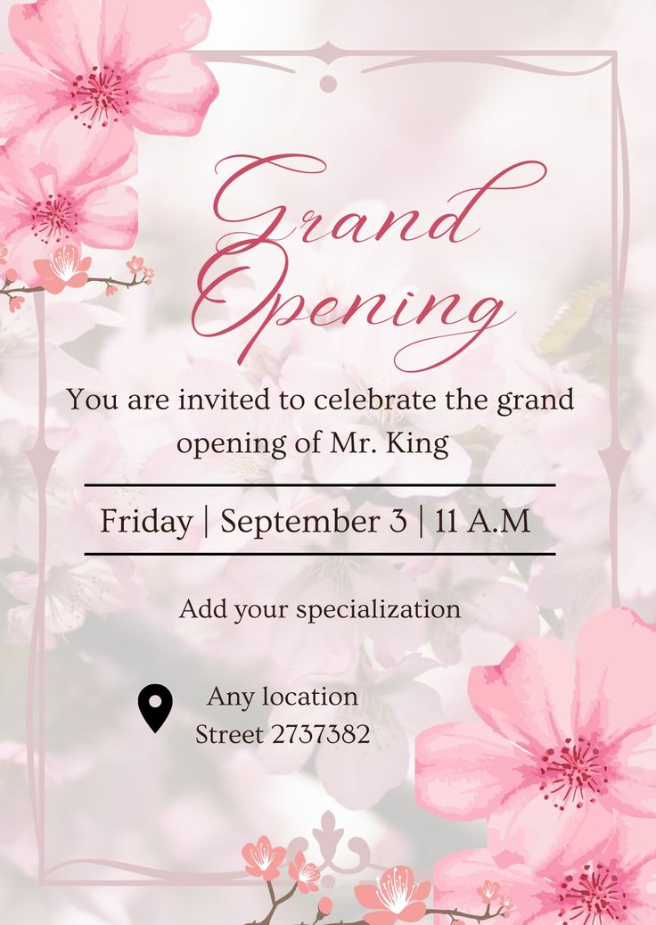 a pink floral wedding card with the words grand opening