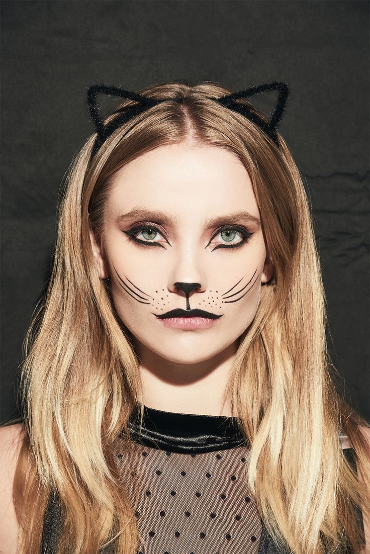 Recreate a cat look this Halloween. Find the accessories and beauty finds you need to complete the look.  #Halloween Cat Makeup Tutorial Halloween, Women’s Cat Costume Diy, Diy Adult Cat Costume For Women, Diy Cat Face Makeup Easy, Cat Makeup Costume, Adult Cat Costume For Women Diy, Cat Costume Diy Women's, Easy Halloween Makeup Devil, Calico Cat Makeup