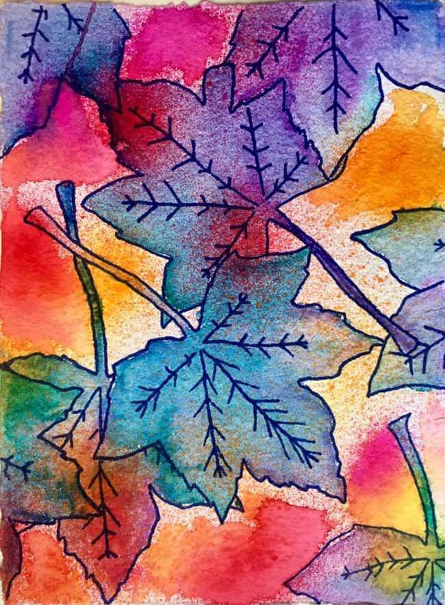 watercolor painting of leaves on a white paper background with blue, yellow and red colors