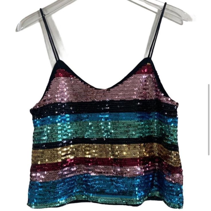 Brand New Multicolor Rainbow Sequin Top Size S Pink Cami Vest Crop Top, Spring Sequined Spaghetti Strap Crop Top, Multicolor Sequin Crop Top, Multicolor Sequined Crop Top, Pink Tank Top For Party, Multicolor Sleeveless Crop Top For Party, Sequin Crop Top Tank For Summer, Multicolor Party Tank Top, Trendy Multicolor Sleeveless Camisole