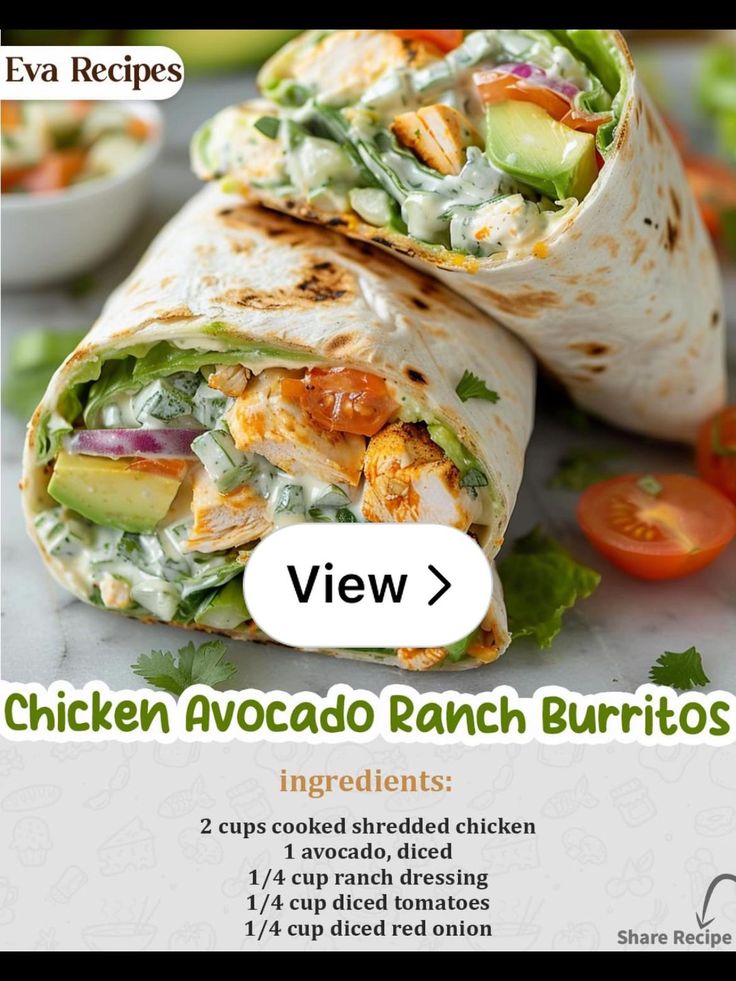 chicken avocado ranch burritos recipe with ingredients on the bottom and side