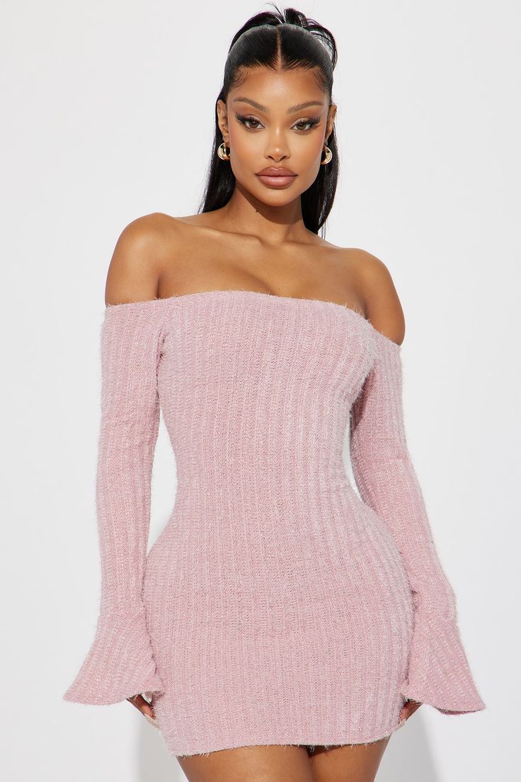 Available In Black, Mauve, And Burgundy. Sweater Micro Mini Dress Long Bell Sleeves Off Shoulders Stretch 100% Polyester Imported | Mile High Sweater Mini Dress in Mauve size XL by Fashion Nova Fall Birthday Dress, Fashion Nova Outfits Dresses, Mauve Fashion, Outfit For Petite Women, Pink Sweater Dress, Sweater Mini Dress, Micro Mini Dresses, Sweater Maxi Dress, Long Bell Sleeves