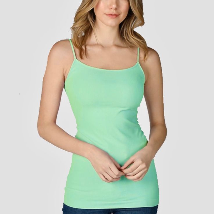 - Nikibiki Long Camisole - Color: Mint - Seamless Camisole - One Size Fits All - 92% Nylon / 8% Spandex - Made In The Usa Green Scoop Neck Top With Built-in Bra, Fitted Green Tank Top With Built-in Bra, Basic Cami Tank Top With Built-in Bra, Basic Tank Top With Spaghetti Straps And Built-in Bra, Green Cotton Camisole With Tank Straps, Green Sleeveless Tank Top With Built-in Bra, Green Vest Tops With Tank Straps, Green Cotton Tank Top With Built-in Bra, Spring Stretch Tops With Wide Straps