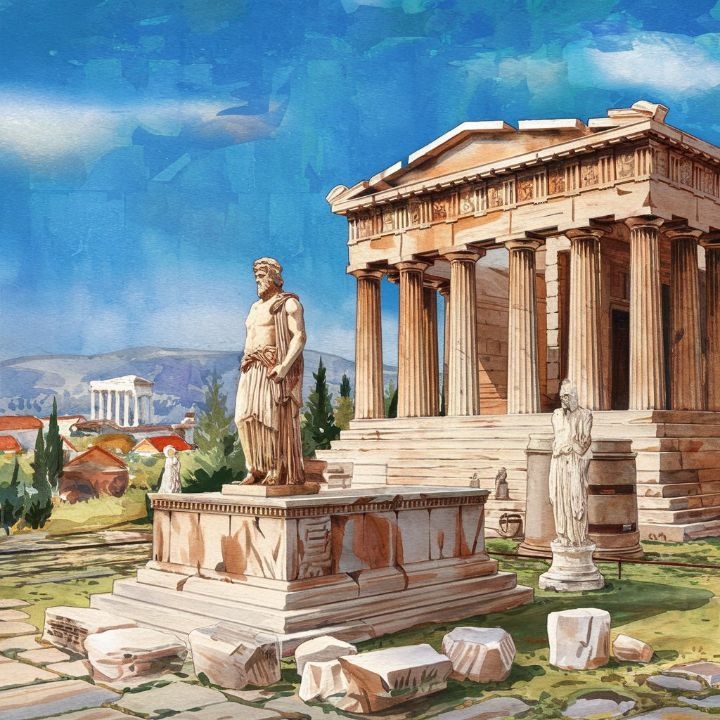 a painting of an ancient greek temple with statues