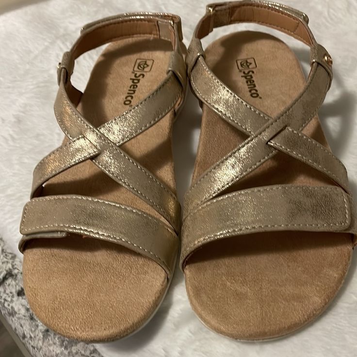 Spenco Orthopedic Gold Metallic Criss Cross Sandles Size 8 Super Comfortable For Any Width Adjustable Pull Velcro In Front And Back . Brand New You Feet Will Feel So Good In These Walking Be Comfortable And Walk Without Any Pain At All . I Have The Same Ones I Wear Are A Life Saver For My Feet ! Comfortable Gold Open Toe Sandals, Comfortable Gold Synthetic Sandals, Red Wedge Heels, Blue Wedge Sandals, Orthopedic Sandals, Brown Wedge Sandals, Toe Post Sandals, Black Jewel, Ankle Wrap Sandals