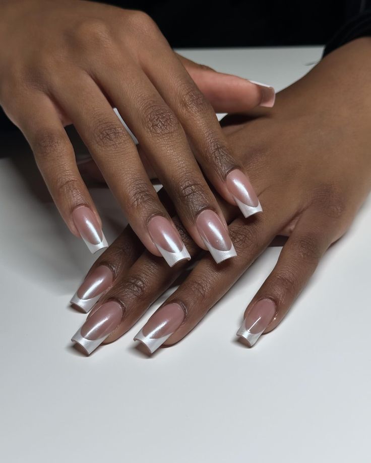 French tip press on set💫 . ✨PRESS ONS✨ . #briellenailedit #nailsnailsnails #nailsofinstagram #naildesign #pressonnails #gelxtips #nailartist #nailsdid Chrome Tips Square, Chrome Pattern Nails, French Tip Chrome Nails Square, Pearly French Tip Nails, Minimal French Nails, French Tip With Diamonds, French Nails With Chrome, French Tip Chrome Nails, Chrome French