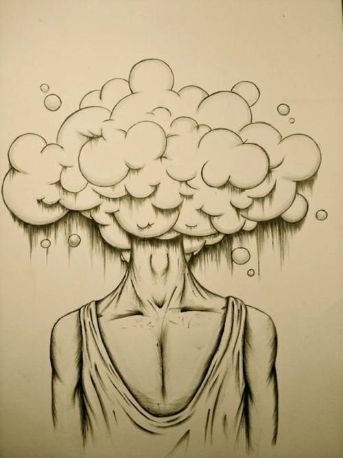 a drawing of a man's head with clouds on top of his head and bubbles coming out of it