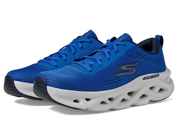 SKECHERS Go Run Glide Step Hyper Burst - Men's Shoes : Blue : This sporty pair of SKECHERS Go Run Glide Step Hyper Burst sneakers are styled with a comfortable air cooled insole that make them perfect for hitting the gym in. Traditional lace-up closure for adjustable fit. Classic SKECHERS logo hits throughout. Textile and synthetic upper. Plush padded tongue and collar. Bumper toe. Round-toe silhouette. Easy pull-tab at heel. Textile lining and insole. Synthetic outsole. Imported. Measurements: Dynamic Lace-up Walking Shoes With Air Cushioning, Functional Lace-up Basketball Shoes, Athleisure Sneakers With Air Max Cushioning, Dynamic Lace-up Basketball Shoes With Air Cushioning, Lace-up Running Shoes With Air Cushioning For Streetwear, Dynamic Lace-up Sneakers With Air Max Cushioning, Athleisure Sneakers With Boost Midsole For Light Sports, Dynamic Low-top Trail Running Shoes With Laces, Sporty Lace-up Sneakers With Air Max Cushioning