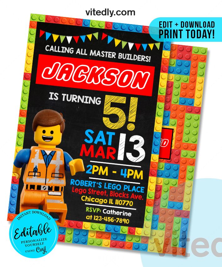 a lego birthday party is shown with the name and age