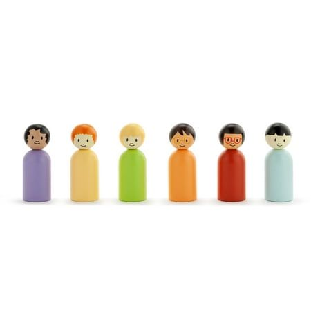 a row of small wooden dolls with faces on them, all in different colors and sizes