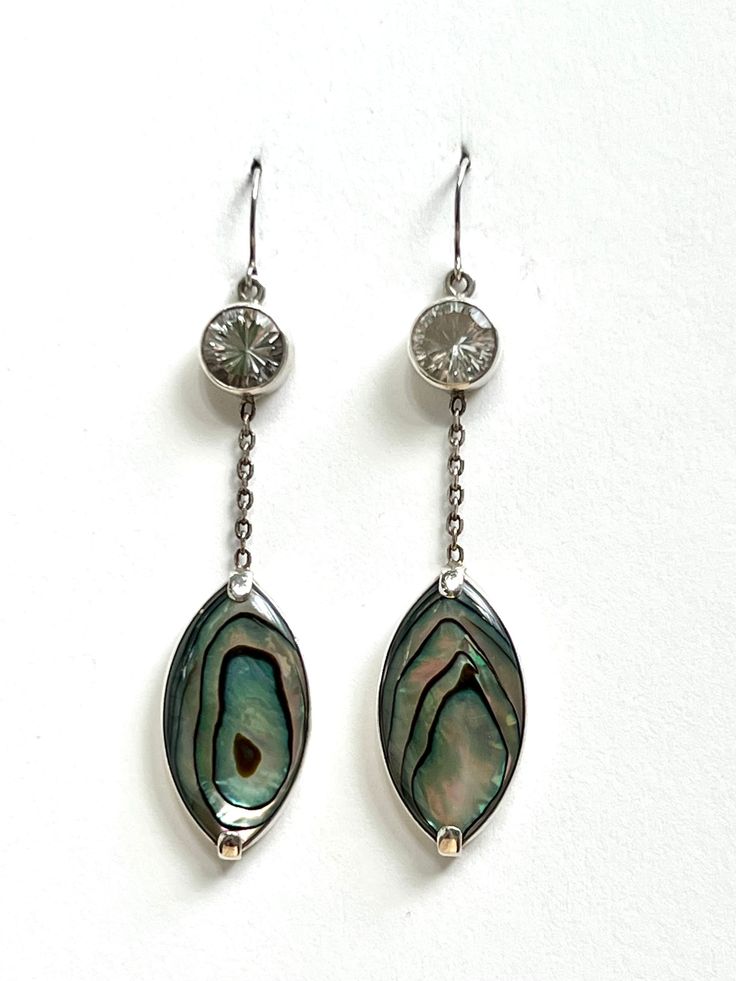 Faceted crystal quartz & abalone dangle earrings set in sterling silver. Hand made. Elegant Pierced Jewelry In Mother Of Pearl, Elegant Mother Of Pearl Jewelry, Iridescent Pierced Drop Earrings, Elegant Iridescent Jewelry For Pierced Ears, Abalone Shell Dangle Jewelry, Abalone Shell Drop Earrings, Elegant Abalone Shell Teardrop Earrings, Elegant Handmade Abalone Shell Earrings, Elegant Teardrop Abalone Shell Earrings