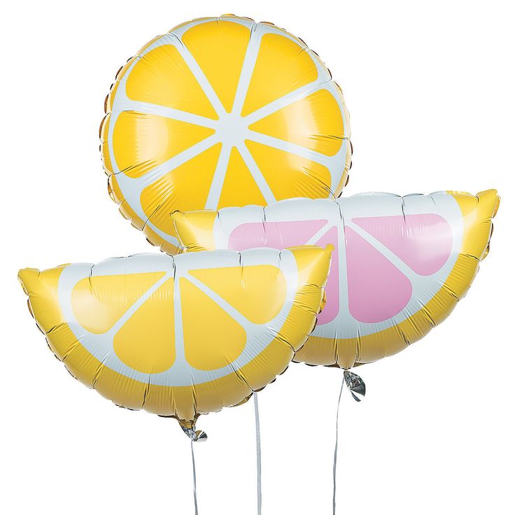 three yellow and pink lemon shaped balloons