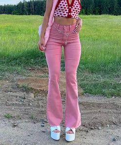 Pink Flare Jeans Spring Y2k Style Fitted Flare Jeans, Y2k Style Flare Jeans For Spring, Casual Pink Flare Jeans For Summer, High Waist Casual Flares For Spring, High-waist Casual Flares For Spring, Casual High-waist Flares For Spring, Casual High Waist Flares For Spring, Pink Full-length Jeans For Summer, Chic Pink Flare Jeans For Summer