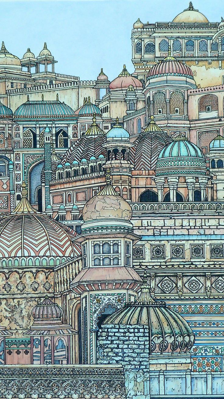 an artistic drawing of a city with lots of buildings and domes on top of it