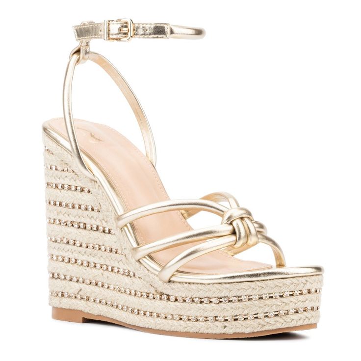 Standout wearing this chic wedge sandal with rhinestone embellishments. These stylish sandals would look great with your skirts and summer dresses. Gold Wedges, Platform Wedge Heels, Rhinestone Embellishments, Faux Leather Heels, Womens Sandals Wedges, Shoe Inspo, Stylish Sandals, New York And Company, Espadrille Wedge