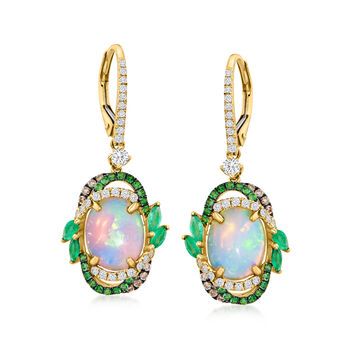 Ross-Simons - Opal Drop Earrings, .64ct t. w. Multicolored Diamonds, .70ct t. w. Multi-Gemstones. Our dreamy drop earrings call to mind the kind of lush greenery found in nature's most enchanting hideaways. Featuring 8x10mm oval opal cabochons that are encircled by artful borders of .64 ct. t. w. brown and white diamonds and .20 ct. t. w. tsavorite rounds with fanciful marquise emeralds that total .50 carats. Set in polished 14kt yellow gold. Hanging length is 1 3/8". Black rhodium at brown diam Diamond Multi-stone Drop Earrings, White Gold Multi-stone Earrings Fine Jewelry, Green Multi-stone Earrings For Anniversary, Fine Jewelry Multi-stone Round Diamond Earrings, White Multi-stone Earrings Fine Jewelry, Green Multi-stone Diamond Earrings, Green Diamond Multi-stone Earrings, Opal Drop Earrings, Emerald Birthstone