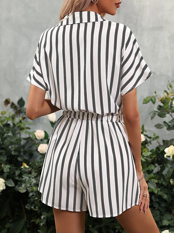 Indulge yourself in elegance and style with this Striped Print Sleeve Knot Front Romper Shirt. Crafted from fine quality fabric, the subtle yet sophisticated stripes add alluring depth, perfect for those who appreciate the luxuries of life and enjoy being effortlessly stylish. Its knot-front closure adds visual interest, making it the ideal garment for a day of relaxation or a night of elegance. Specification: Style: Casual Pattern Type: Striped Type: Shirt Details: Knot, Pocket, Button Front Le Striped V-neck Blouse For Vacation, Elegant Striped Relaxed Fit Tops, Summer V-neck Top With Vertical Stripes, Chic Vertical Stripes Blouse For Day Out, Elegant Tops With Vertical Stripes For Spring, Elegant Vertical Stripes Top For Spring, Chic Vertical Stripes Summer Blouse, Chic Pinstripe Blouse With Striped Collar, Vertical Stripes V-neck Tops For Workwear