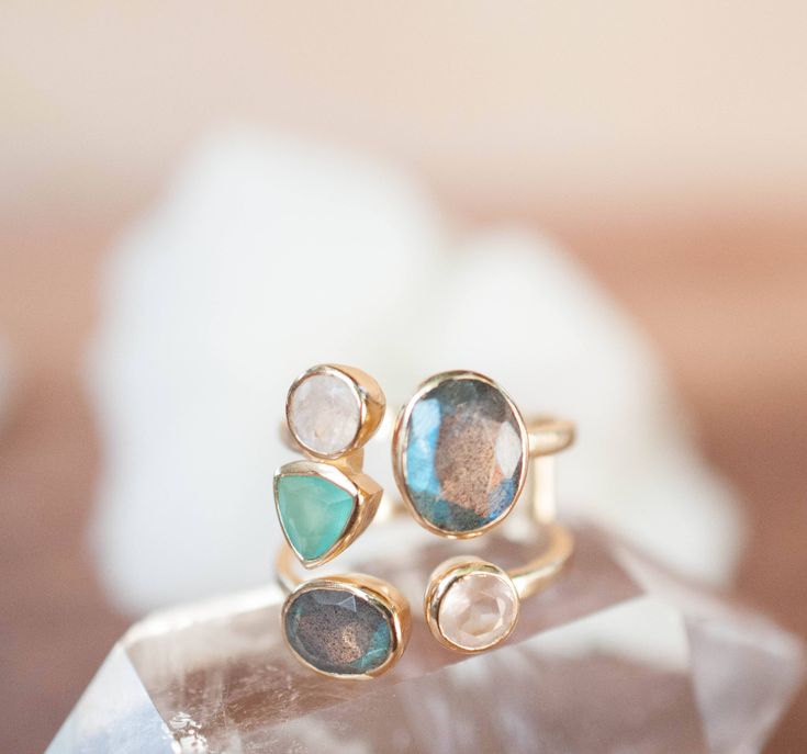 Gold Vermeil Ring * Labradorite * Moonstone * Aqua Chalcedony *Gemstones * Handmade *Statement* Natural * Adjustable* Gift for her BJR139