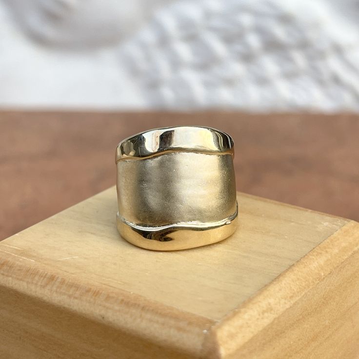 14KT Yellow Gold Wide Artistic Shiny + Matte Cigar Band Ring - LSJ Adjustable Gold Wide Band Ring, Gold Thick Band Ring As Gift, Gold Wide Band Ring As Gift, Gift Gold Thick Band Ring, Modern Wide Band Ring For Anniversary, Unique Wide Band Ring As Gift, Adjustable Wide Band Ring For Anniversary, Gold Wide Band Rings, Yellow Gold Wide Band Ring As Gift