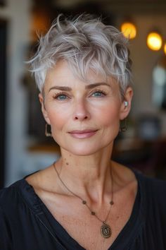 Draw attention to your eyes and cheekbones with 25 short haircuts for women over 60, designed to frame and flatter your face. Haircut Styles For Short Hair For Women, Short Hair That Covers The Ears, New Short Hairstyles For 2024, Pixie Over 50, Grey Pixie Haircut, Short Grey Hair Over 60, Short Hair Over 50, Grey Short Hair, Grey Pixie Hair