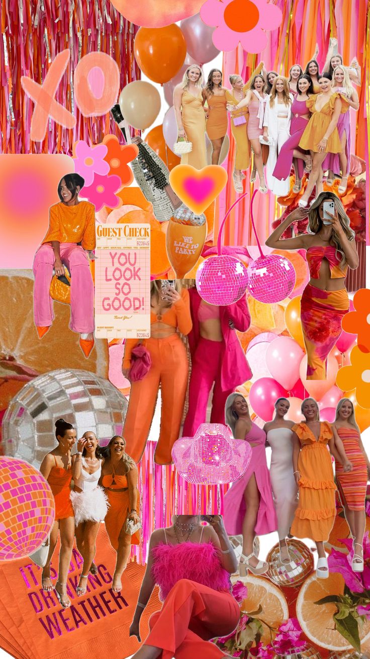 a collage of people dressed in pink, orange and yellow with lots of balloons