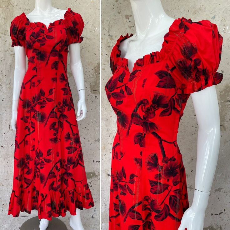 1940's Liberty House Red Cotton Hawaiian Dress, Puff Sleeves, Small.  A showstopper! Stunningly 40's Hawaiian dress with a sweetheart neckline and puffed sleeves that can be worn on or off shoulder. Saturated true red with a floral print. Ruffled hemline. Side zip closure.  Some small spots on the hem on the back. Very unnoticeable unless actually looking for them. Otherwise this beauty practically looks and feels brand new. Bust 32", waist 26.5", hips 42", length 51" Dress Hawaiian Style, 1940 Dress, Hawaii Dresses, Island Style Clothing, Hawaiian Muumuu, Vintage Hawaiian Dress, Liberty House, Hawaii Dress, Muumuu Dress