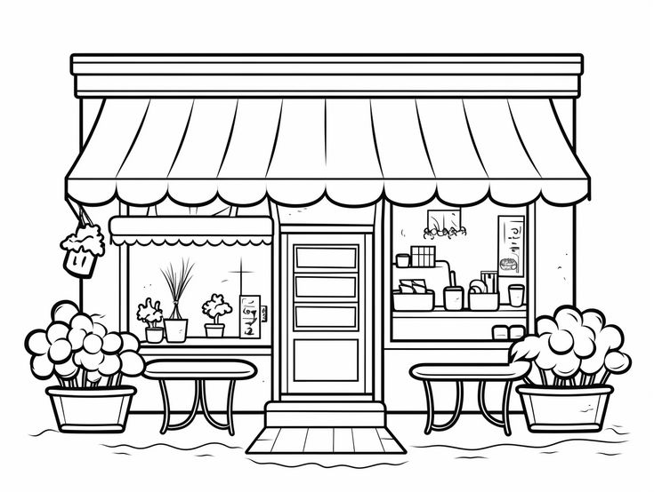 illustration of Simple cafe coloring for kids Cafe Design Ideas Creative, Coffee Shop Design Drawing, Coffee Shop Drawing Illustration, Cafe Drawing Illustration Coffee Shop, Cafe Shop Drawing, Cute Cafe Drawing, Cafe Coloring Pages, Coffee Shop Drawing, Cafe Drawing