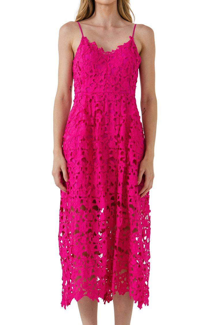 Floral lace embroidery beautifully covers the fit-and-flare silhouette of a sleeveless midi dress with scalloped trim and hidden pockets at the sides. 100% polyester Hand wash, dry flat Imported Pink Midi Lace Dress With Scalloped Lace, Pink Lace Midi Dress With Scalloped Lace, Pink Midi Lace Dress With Scalloped Detail, Pink Midi-length Lace Dress With Scalloped Lace, Pink Midi Lace Dress With Lace Trim, Fitted Pink Midi Dress With Scalloped Lace, Summer A-line Midi Dress With Scalloped Lace, Sleeveless Scallop Lace Cocktail Dress, Sleeveless Pink Lace Midi Dress