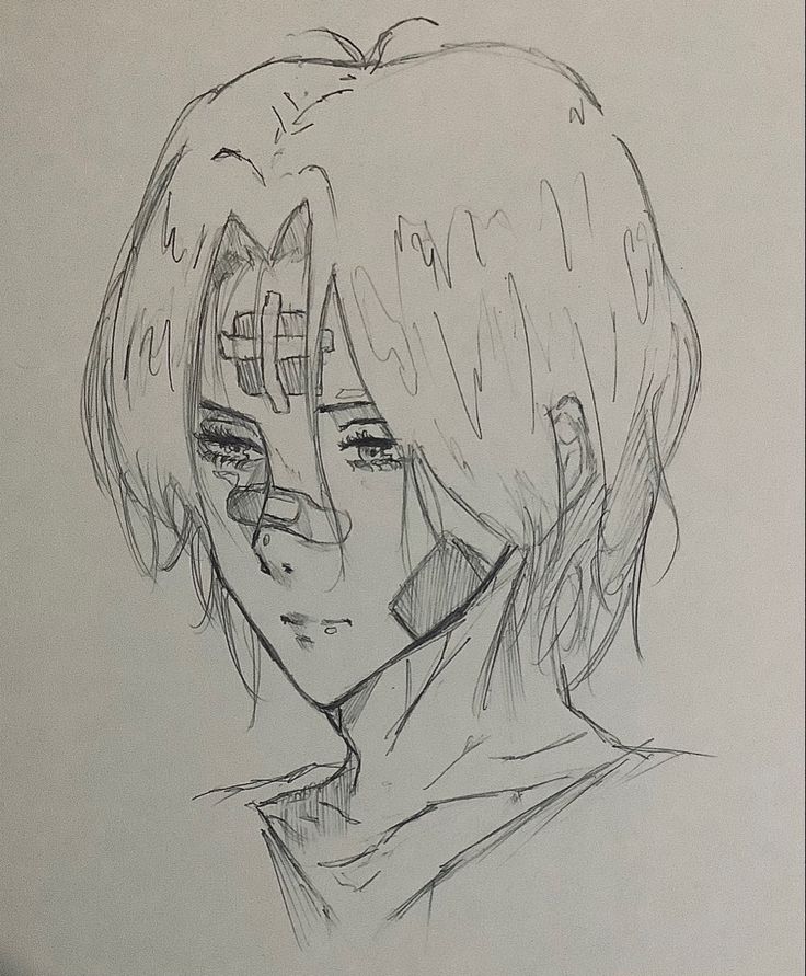 a pencil drawing of a girl with short hair and an eye patch on her face