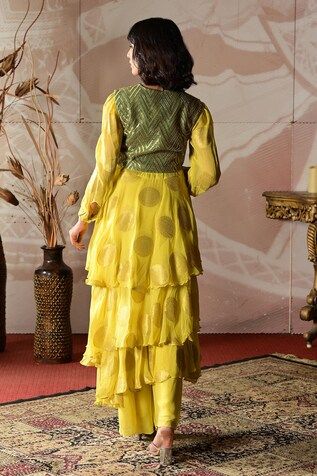 Yellow and green banarasi georgette layered anarkali with circular motifs embroidery. Comes with georgette palazzo and a banarasi brocade jacket with cutdana hand work. - Aza Fashions Yellow Anarkali, Embroidered Jacket, Anarkali, Aza Fashion, Hand Embroidered, Types Of Sleeves, Yellow