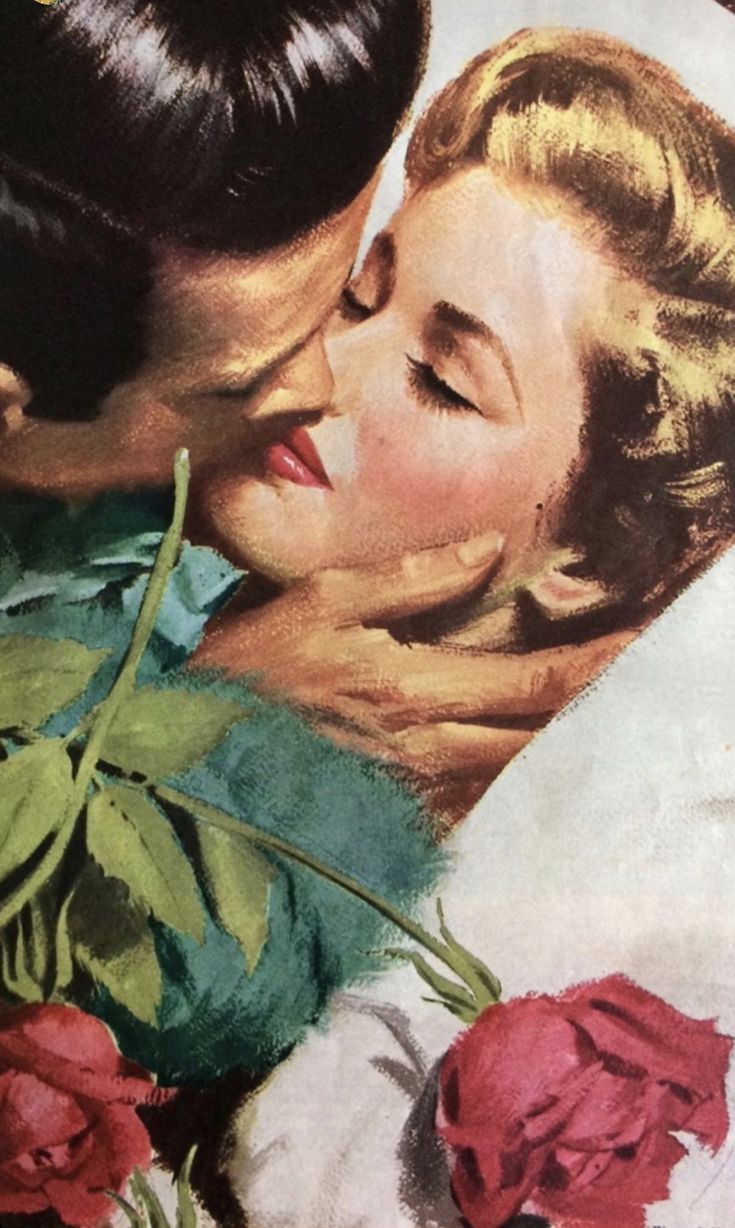 a painting of two people kissing each other with roses in the foreground and behind them