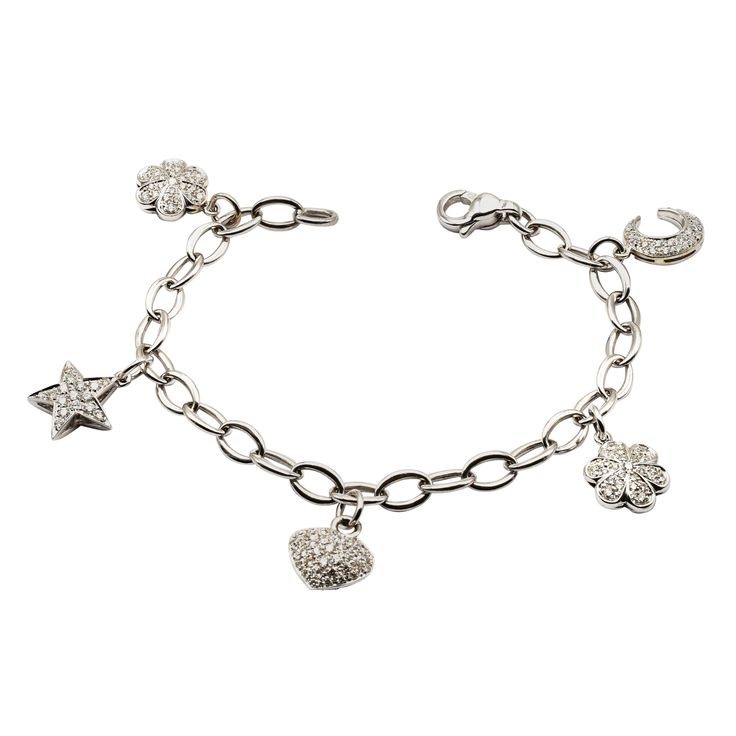 18 Kt White Gold Bracelet with Mixed Hanging Charms in White Diamonds. One Heart, One Star, One Half Moon and two Flowers. Handmade in Italy in our Atelier in Valenza (AL). 18Kt Gold g 19.40 White Diamonds (G Color Vs Clarity) ct 2.63 All Charms are set in Both Sides. A very Nice and Unique Piece for an Elegant and Dynamic Woman. A Perfect Mach for a Luxury Gold Watch. Total Length cm 18.00 This Bracelet can be resized on Customer Request Luxury Silver Charm Bracelet With Chain, Luxury White Gold Charm Bracelet, Luxury White Gold Charm Bracelet With Polished Finish, White Gold Charm Bracelet, Hanging Charms, Two Flowers, Gold G, Charms Bracelet, Gold Charm Bracelet