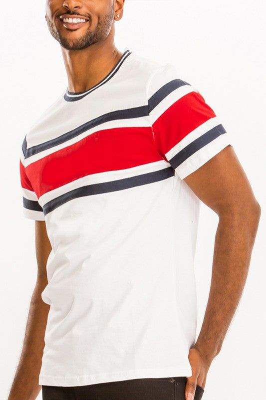 Three stripe t-shirt Cotton Sporty Striped T-shirt For Summer, Casual Cotton T-shirt With Contrast Stripes, Casual Summer T-shirt With Three Stripes, Casual Short Sleeve T-shirt With Vertical Stripes, Spring Cotton T-shirt With Striped Sleeves, Sporty White T-shirt With Signature Stripes, Red Short Sleeve Tops With Vertical Stripes, White T-shirt With Contrast Stripes For Summer, White Shirt With Signature Stripes For Spring